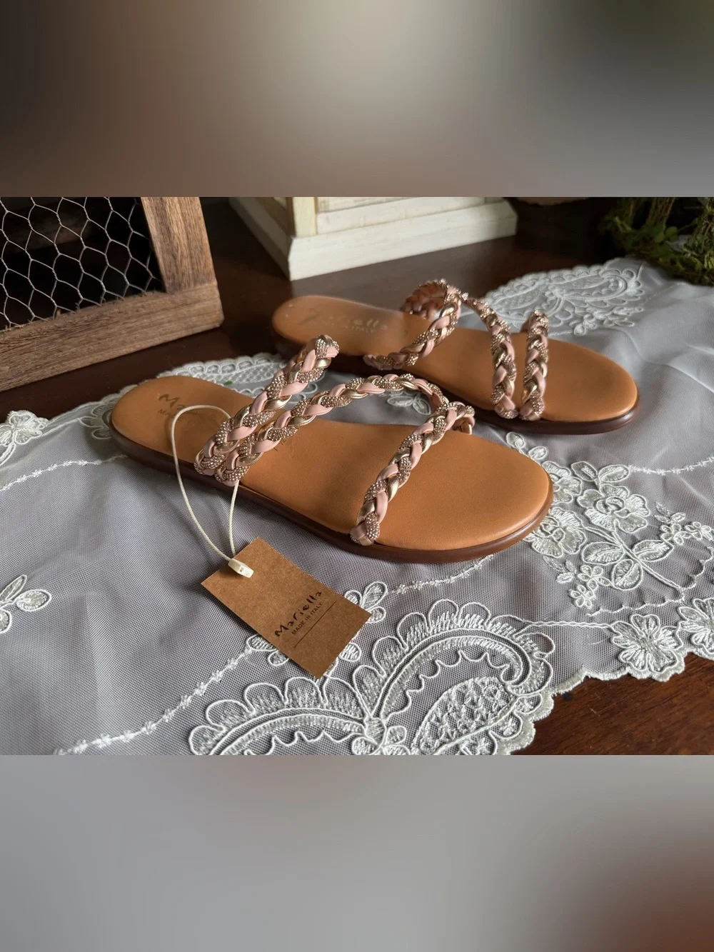 NWT Mariella Italy Rose Gold Metallic Braided Leather Sandals Shoes Sz 7.5